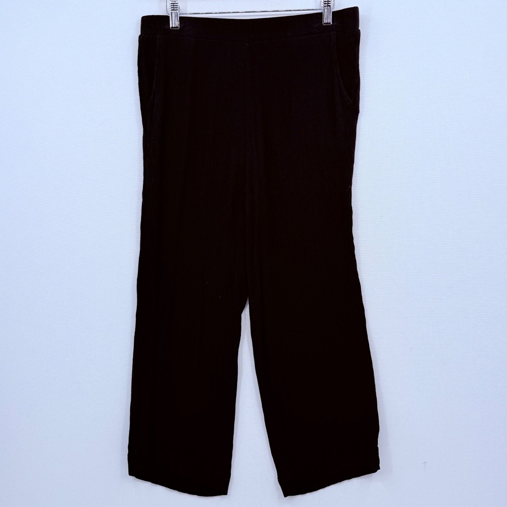 ICHI Wide Leg Pants Women Large Black Crinkle Textured Minimalist Lagenlook